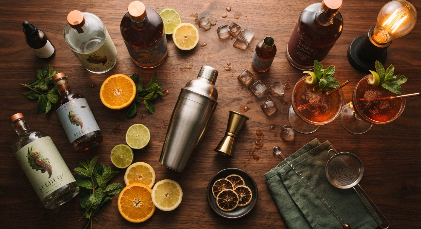 what to buy for a non-alcoholic home bar - mocktail ingredients and glassware setup