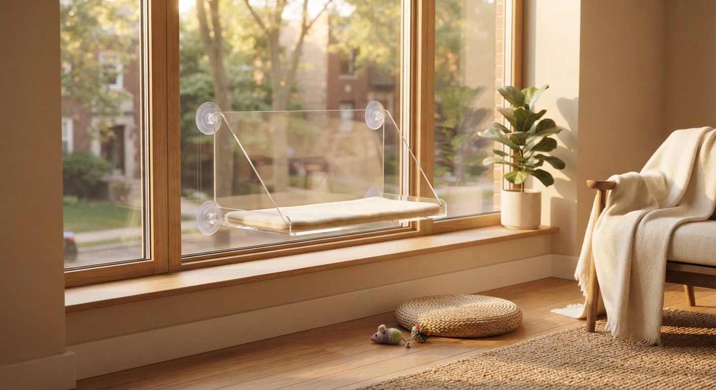 what to buy for an indoor cat apartment - window perch and enrichment toys